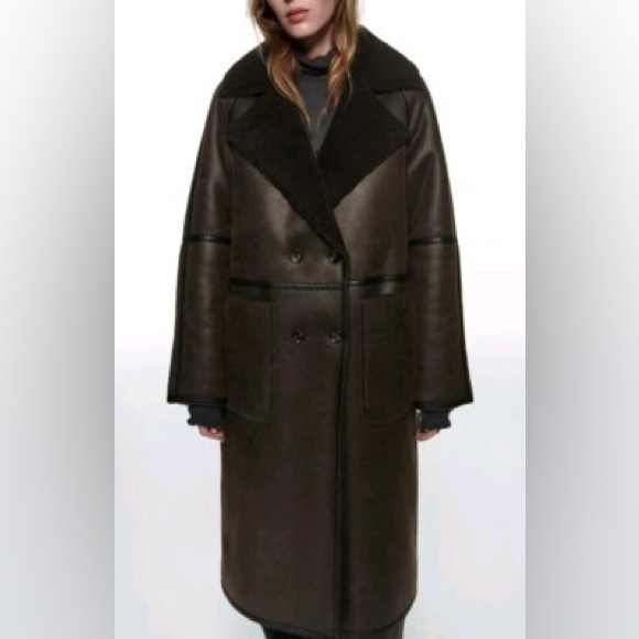 ZARA WOMEN LONG DOUBLE FACED COAT BROWN REVERSIBLE - Picture 5 of 16